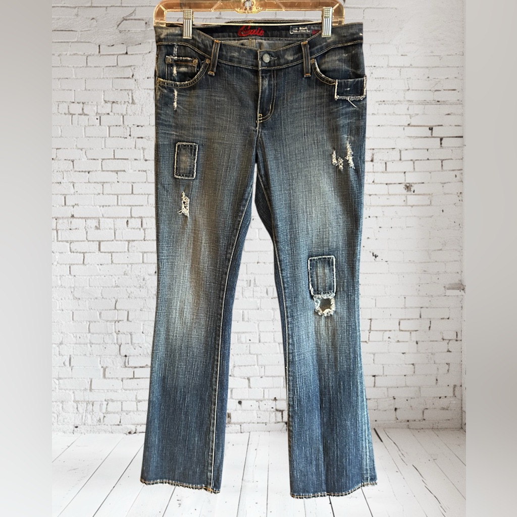 Y2k Vintage Blue Cult Kate Midrise Flare Jeans Patchwork Distressed Low 29